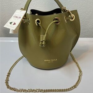 NEW Anna Paola Italian Leather Bucket Bag Made In Italy Olive Green